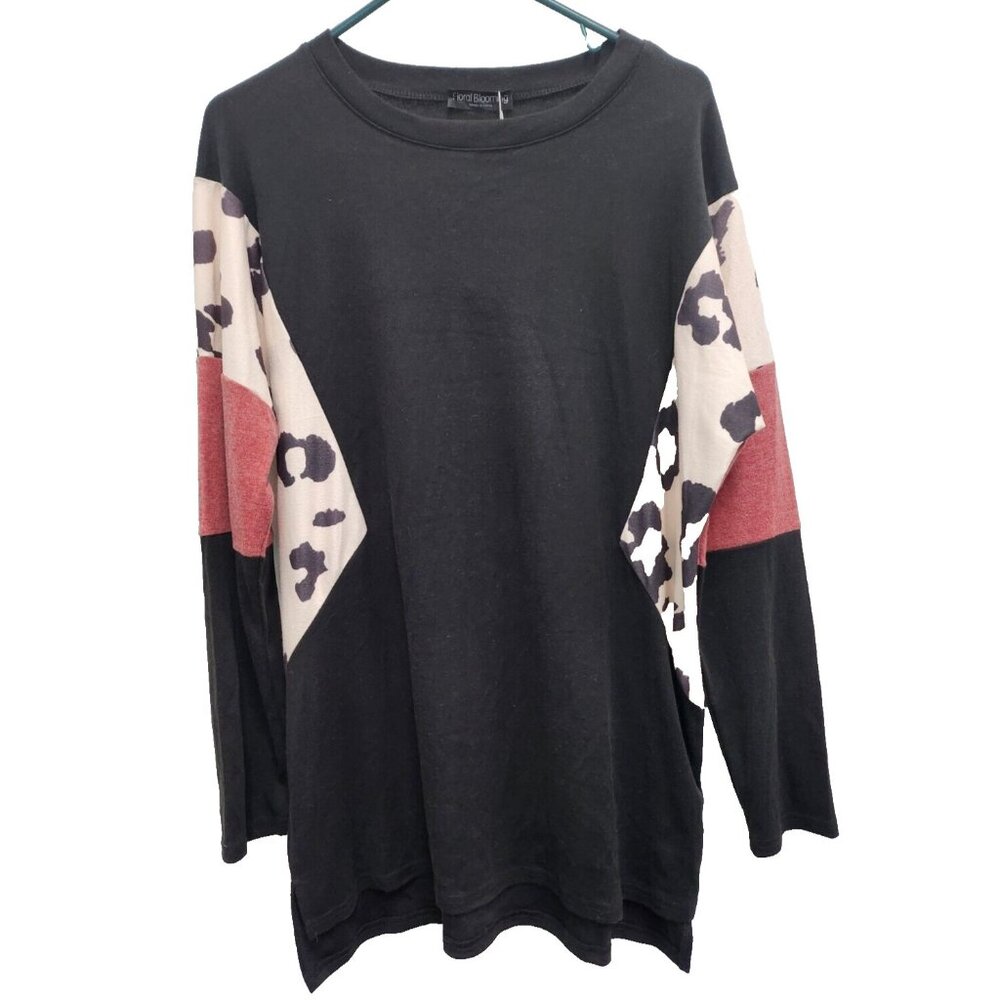 Floral Blooming Tunic‎ Top Womens Large Black Animal print Dolman BOHO NEW
